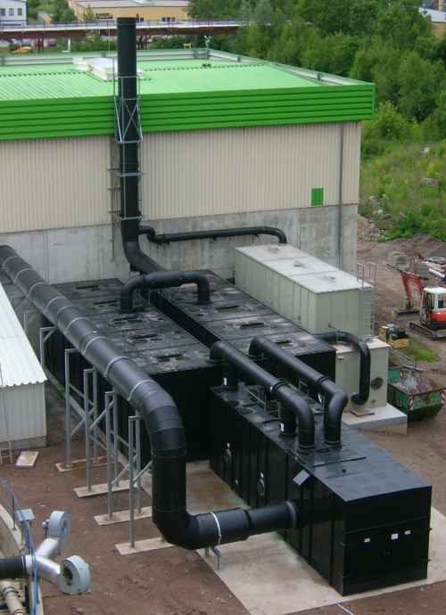 Biofilter container (Material PE-HD) with an upstream, two-stage chemical washer for 20.000 m³/h from a biogas plant